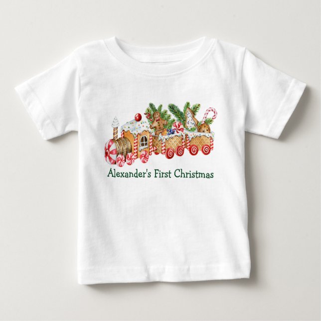 Camiseta Bebê Primeiro Natal Gingerbird Train Candy (Frente)
