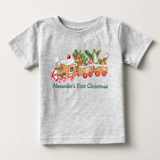 Camiseta Bebê Primeiro Natal Gingercake Train Candy Cinza (Frente)