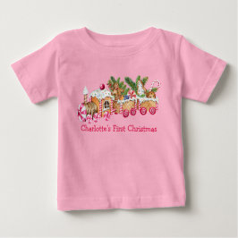 Camiseta Bebê Primeiro Natal Gingerpão Comboio Candy Rosa