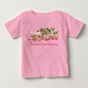 Camiseta Bebê Primeiro Natal Gingerpão Comboio Candy Rosa