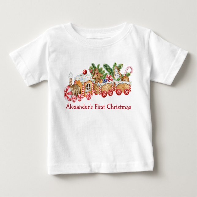 Camiseta Bebê Primeiro Natal Gingerpão Comboio Red Candy (Frente)