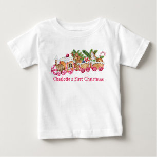 Camiseta Bebê Primeiro Natal Gingerpão Comboio Rosa Doces