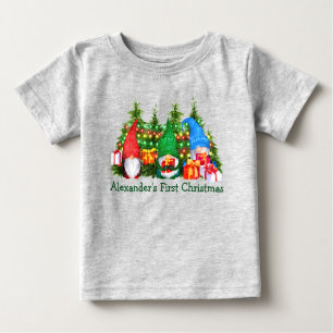 Camiseta Bebê Primeiro Natal Gnomos Luzes Cinzas