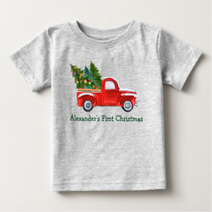 Camiseta Bebê Primeiro Natal Red Truck Cinza Verde