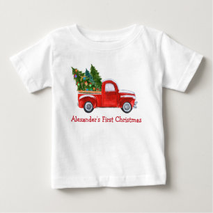 Camiseta Bebê Primeiro Natal Red Truck Red Name