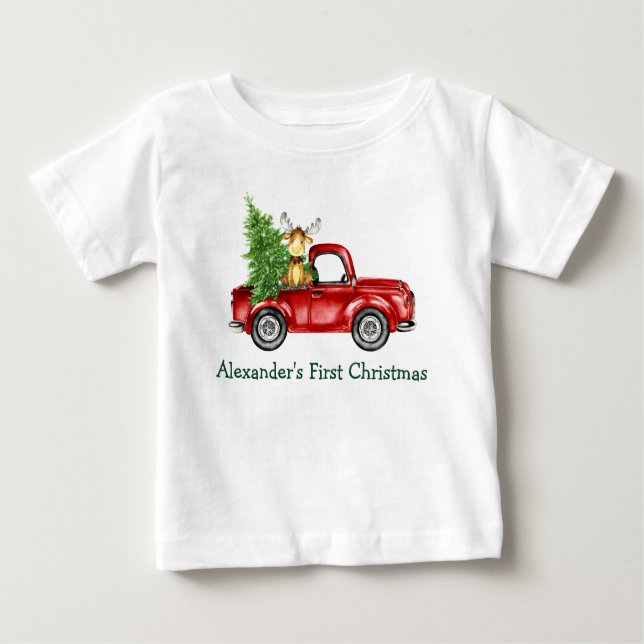 Camiseta Bebê Primeiro Natal Red Truck Tree Moose (Frente)