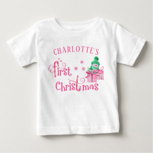 Camiseta Bebê Primeiro Natal Rosa Neve e Flocos de Neve