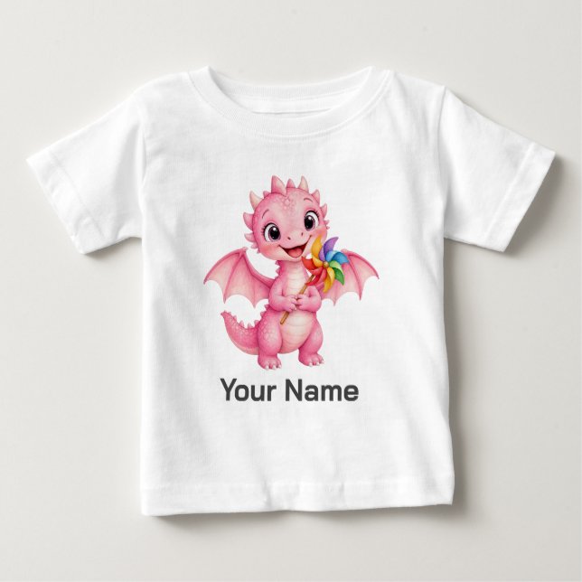 Camiseta Bebê Roda de Dragão Cor-de-Rosa Personalizada (Frente)