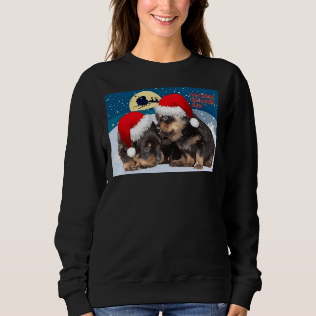 Camiseta Bebê Rottweiler Natal Com Chapéus Vermelhos E Leig (Frente)