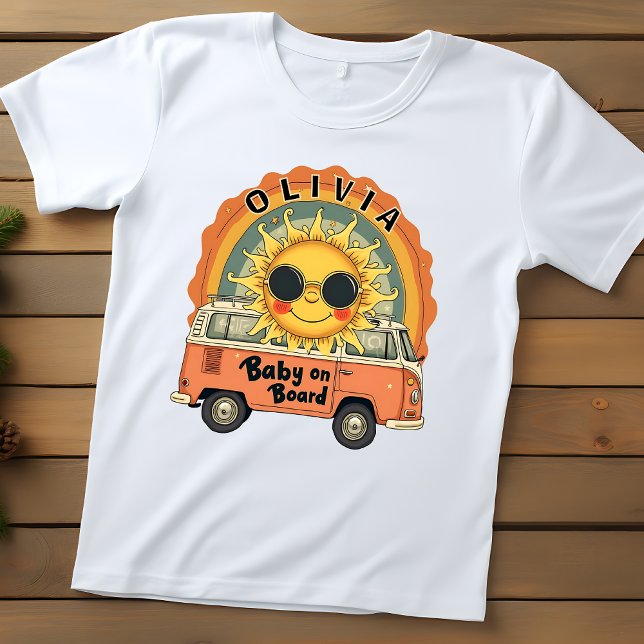 Camiseta Bebê Sorridente Groovy Retro Sol (Criador carregado)
