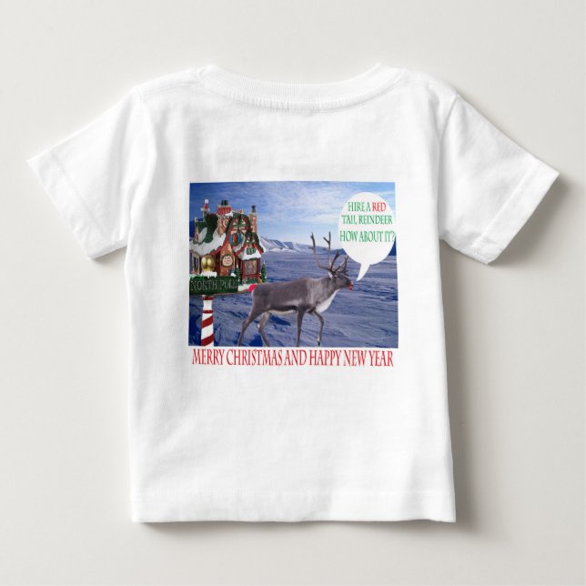 Camiseta bebê tee, feliz natal e rena feliz ano novo (Verso)