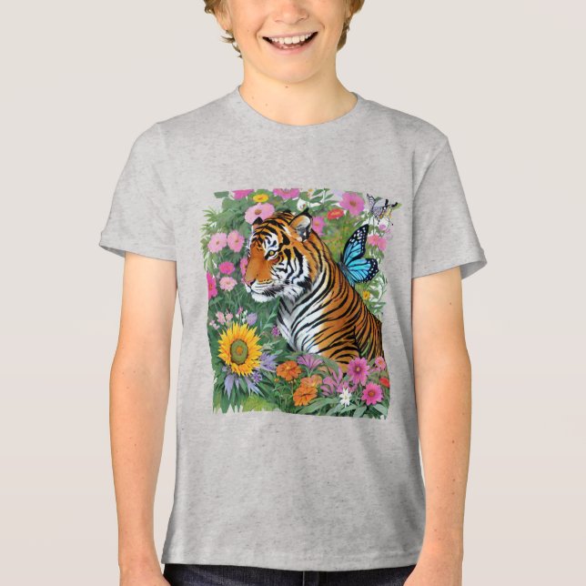 Camiseta Bebê Tigre Com Borboleta Azul E Flores (Frente)