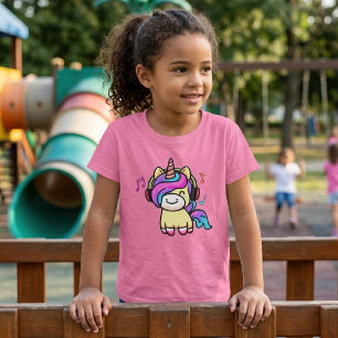Camiseta Bebê unicórnio feliz sorrindo com fones de ouvido.