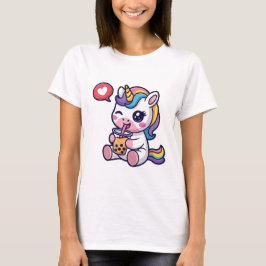 Camiseta Bebê Unicórnio Fofo Bebendo Chá de Bolhas Engraçad