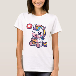 Camiseta Bebê Unicórnio Fofo Bebendo Chá de Bolhas Engraçad