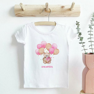 Camiseta Bebê Ursinho de pelúcia balões rosa
