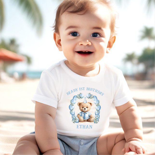 Camiseta Bebê Urso 1º Aniversário Azul Bege (Beary 1st Birthday Bear Blue Beige Boy Baby T-shirt)