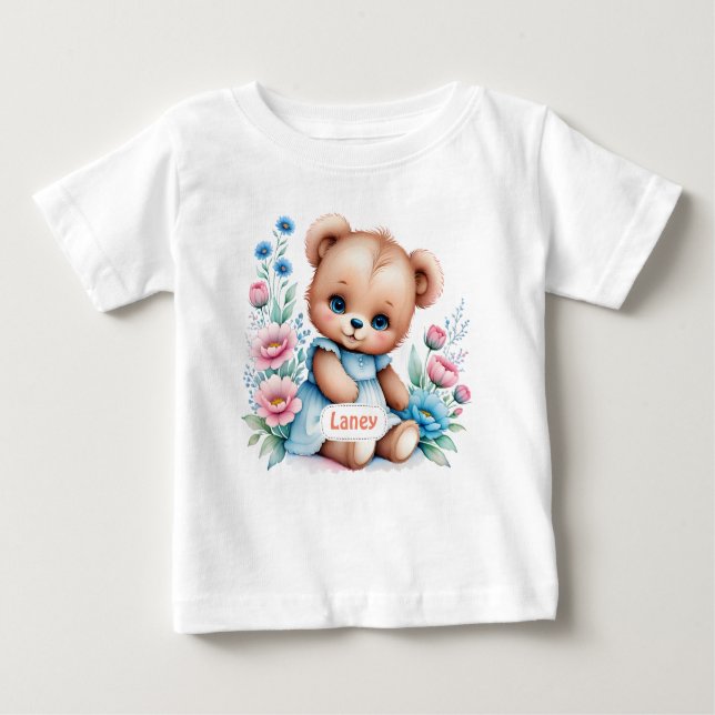 Camiseta Bebê Urso de pelúcia com flores de aquarela (Frente)