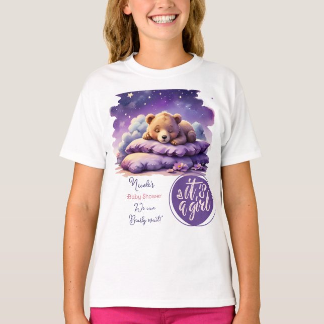 Camiseta Bebê Urso Dormindo Chá de fraldas Roxo Galáxia (Frente)
