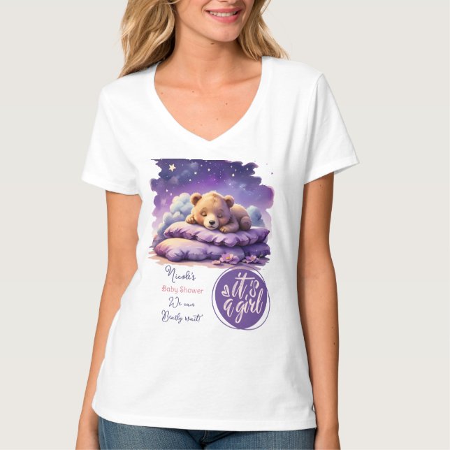 Camiseta Bebê Urso Dormindo Chá de fraldas Roxo Galáxia (Frente)