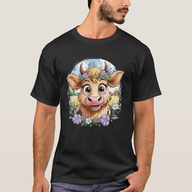Camiseta Bebê Vaca das Terras Altas Com Flores Roxas Fazend (Frente)