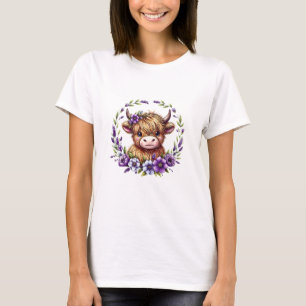 Camiseta Bebê Vaca De Highland Com Flores Roxas Extremament