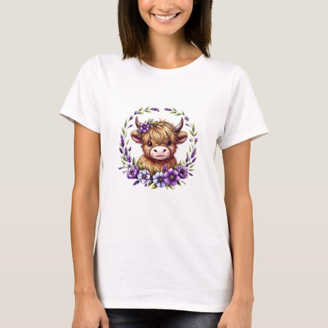 Camiseta Bebê Vaca De Highland Com Flores Roxas Extremament (Frente)