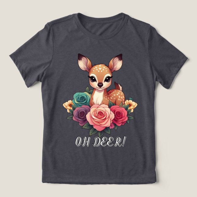 Camiseta Bebê veado com Rosas e folhagem verde (Design frontal)
