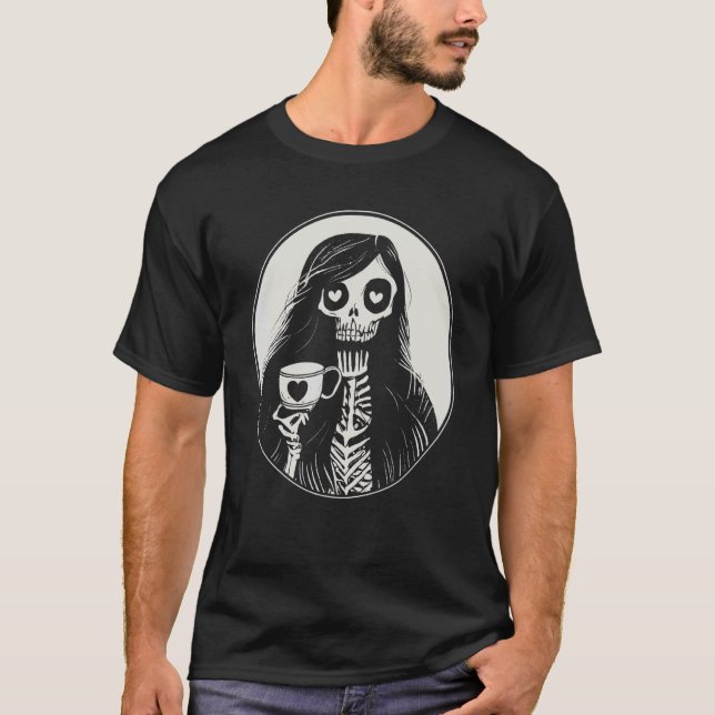 Camiseta Bebendo de café gótico Mulher esquelética (Frente)