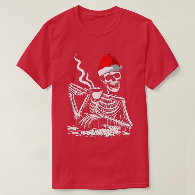 Camiseta Bebendo de café Skeleton Natal Skull Santa Hat (Frente do Design)