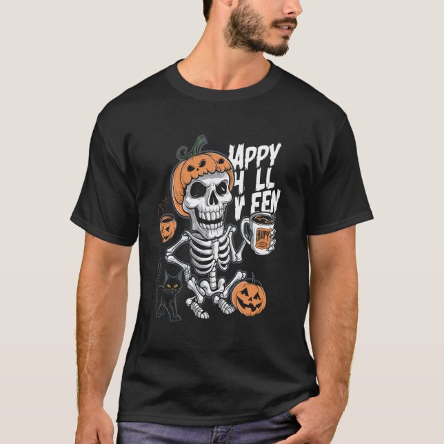 Camiseta Bebendo de café Skeleton Pumpkin Figurino de Hallo (Frente)