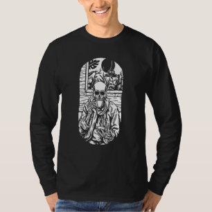 Camiseta Bebendo de Esqueleto Humano Café Escarlate Crânio