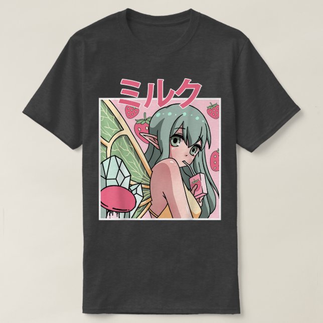 Camiseta Bebendo de Fada Estética Fairycore Japonês Strawb (Frente do Design)