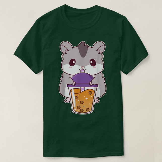 Camiseta Bebendo de Hamster de Anime Bonita Boba Tea Kawaii (Frente do Design)