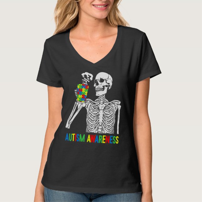 Camiseta Bebendo de Skeletrização Café Autismo Quebra-cabeç (Frente)
