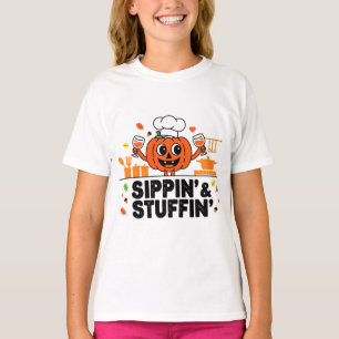 Camiseta Bebendo e Recheando Cozinha Divertida de Ação de G