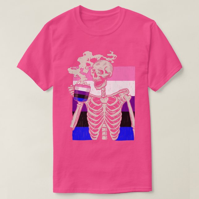 Camiseta Bebendo esquelético Café LGBTQ Retro Genderfluido  (Frente do Design)