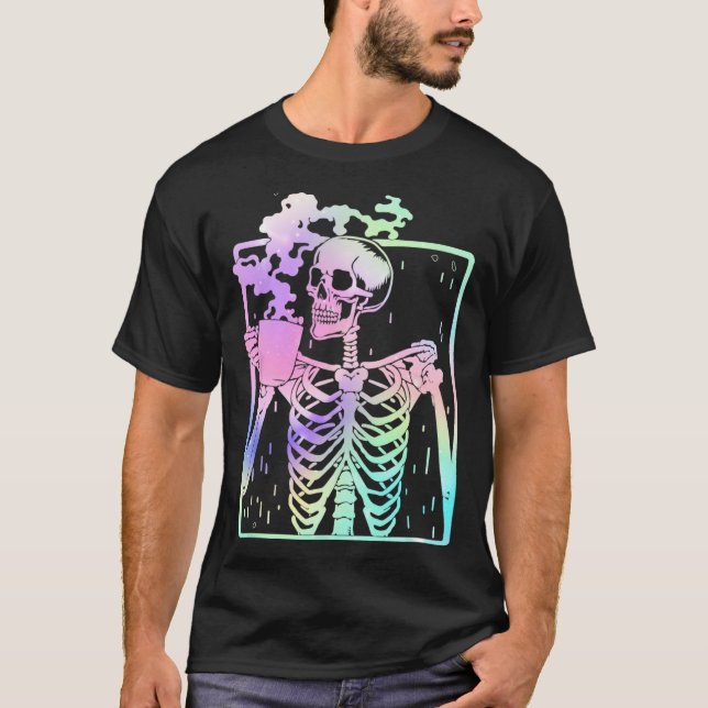 Camiseta Bebendo esquelético Café Mulheres homens Halloween (Frente)