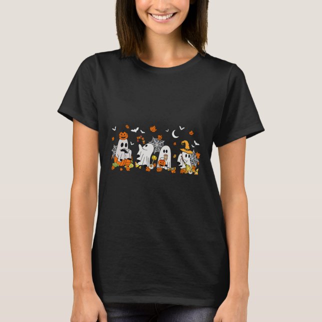 Camiseta Bebendo Fantasma Bonito Café Halloween Queda Ghost (Frente)