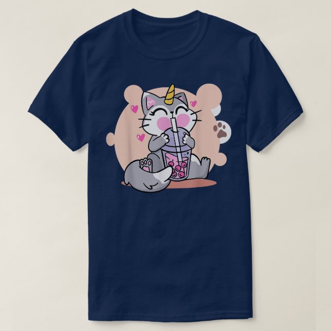 Camiseta Bebendo Kawaii Boba Cat Bubble Animanes (Frente do Design)