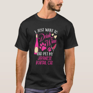 Camiseta Beber Vinho e Acariciar Meu Gato Japonês Bobtail -