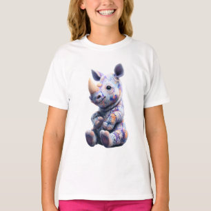 Camiseta Bebês Crianças Rino Pintura Colorida com Salpicos