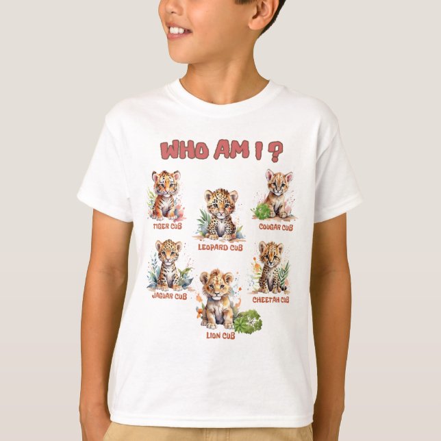 Camiseta Bebês grandes felinos Cubos 6 animais selvagens Qu (Frente)