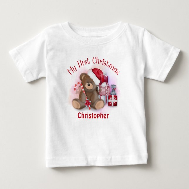Camiseta Bebês Personalizados Primeiro Urso de Natal (Frente)