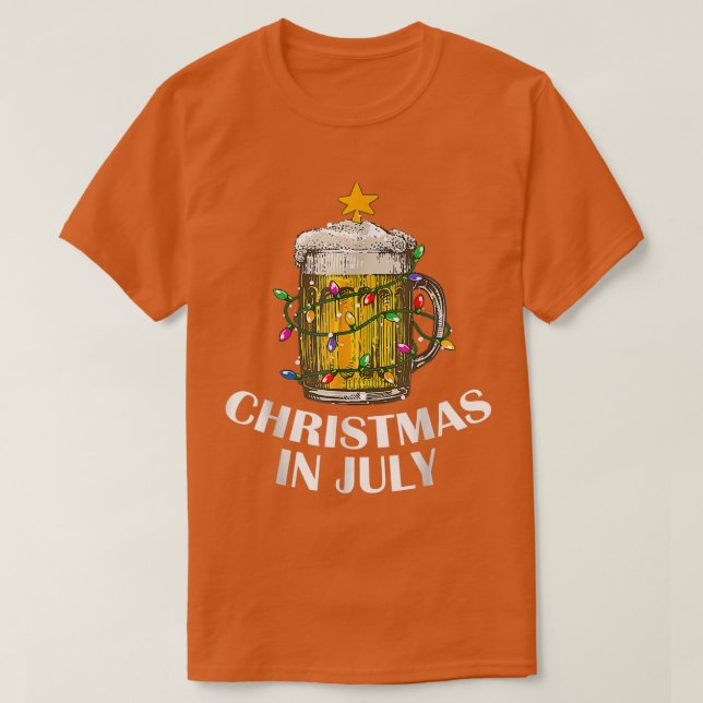 Camiseta Bebidas Cerveja Árvore Natal Divertida Luzes Verão (Frente do Design)