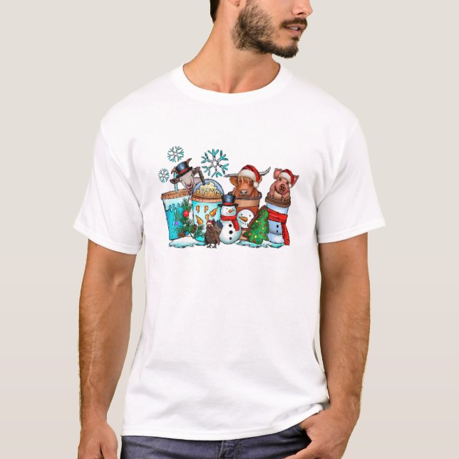 Camiseta Bebidas de Natal Animais Cafeados Ocidentais Cowbo (Frente)