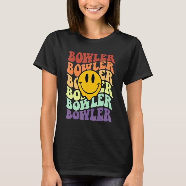 Camiseta beco da equipe de boliches do bowler retro sorri f (Frente)
