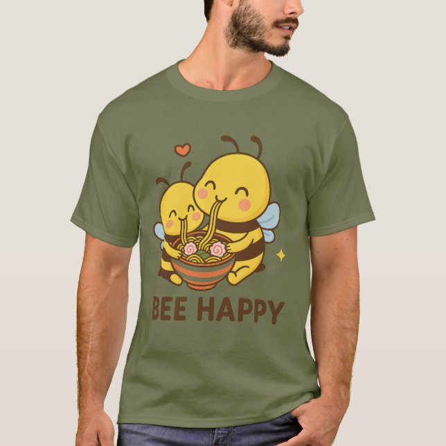 Camiseta Bee Happy Sticker - Cute Bees Sharing Ramen" (Frente)