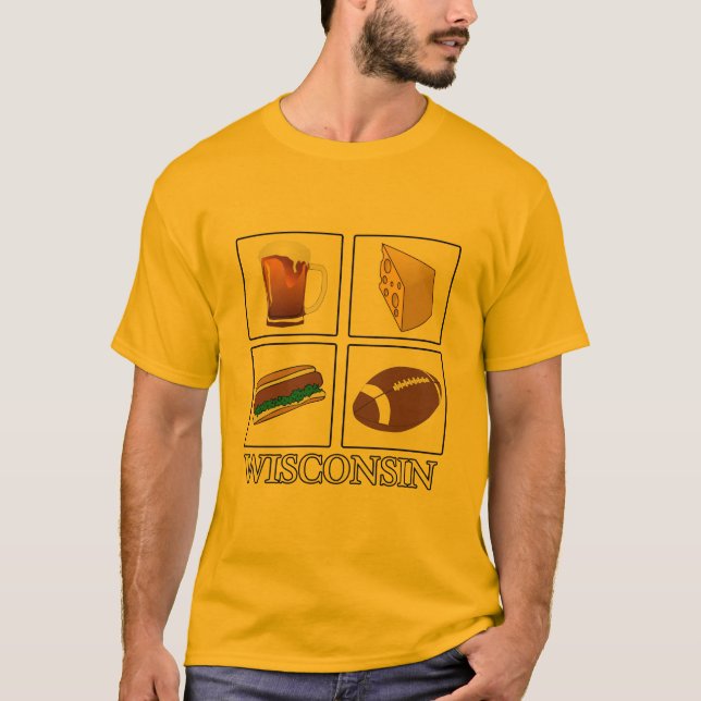 Camiseta Beer Cheese Brats Wisconsin Mens Dourados T (Frente)