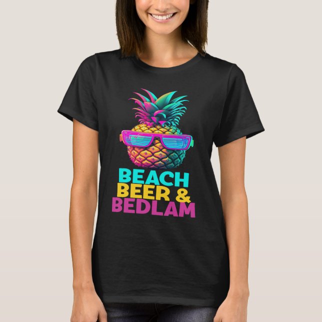 Camiseta Beer Praia Bedlam Funny Retro Pineapple Sunglass (Frente)